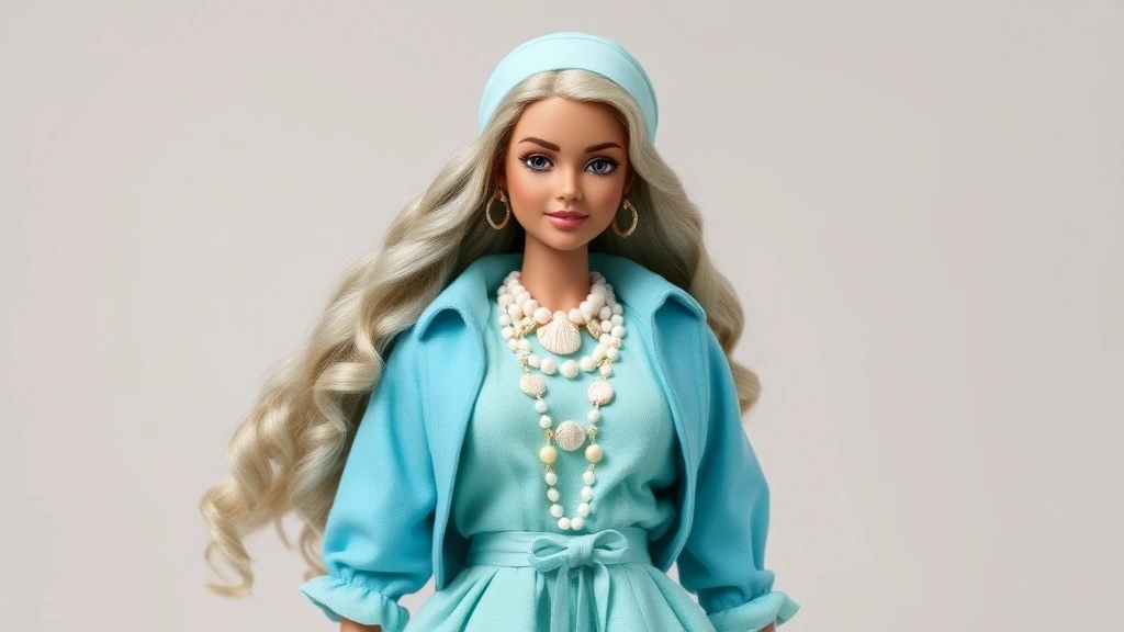 Lagoona Blue reproduction doll in original complete fashion outfit featuring turquoise and seafoam color palette, shell jewelry accessories, layered silhouette, and coordinated styling, photographed against neutral background with professional lighting