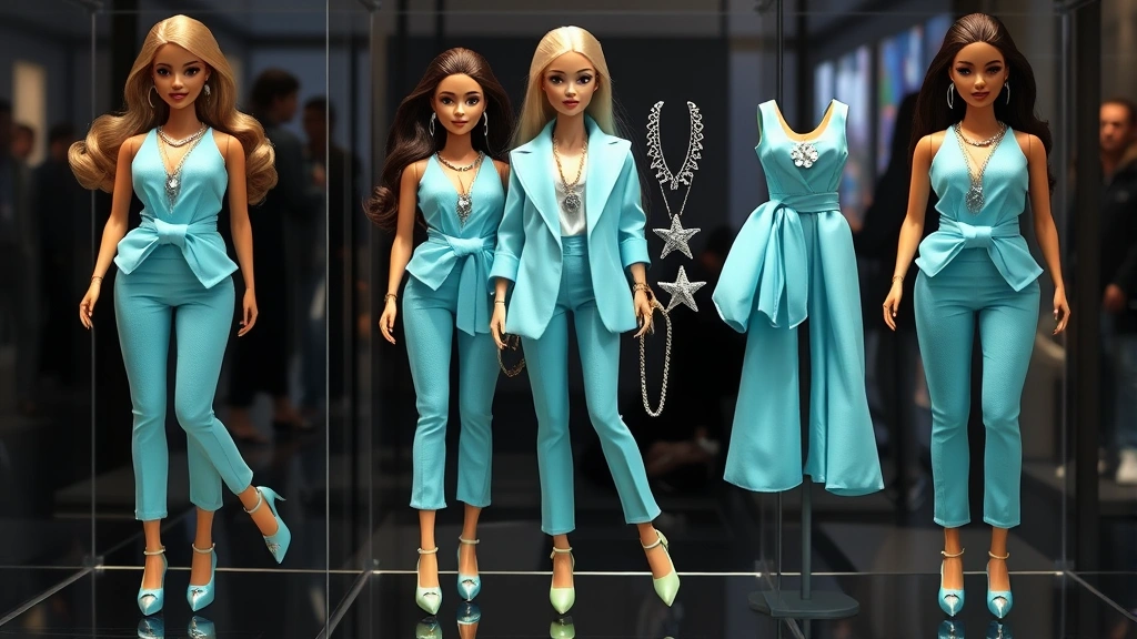 Full-length fashion doll display wearing layered aquamarine outfit with starfish accessories, silver jewelry, and coordinated footwear, showcasing complete styling ensemble with ocean-inspired color palette