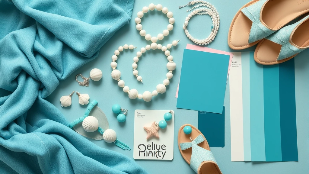Flat lay arrangement of Lagoona Blue fashion accessories including shell jewelry pieces, pearl-toned hair ornaments, coordinated footwear, and color swatches showing turquoise aquatic palette, styled for fashion design reference