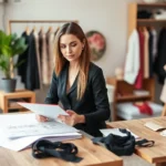 Professional fashion designer working at wooden desk with fabric swatches, sketch pad, and sewing materials in bright natural light studio setting, wearing stylish black outfit, focused expression, contemporary fashion workspace