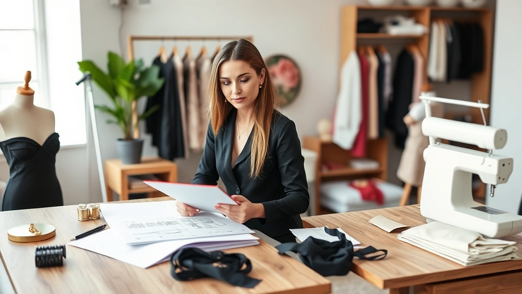 Professional fashion designer working at wooden desk with fabric swatches, sketch pad, and sewing materials in bright natural light studio setting, wearing stylish black outfit, focused expression, contemporary fashion workspace