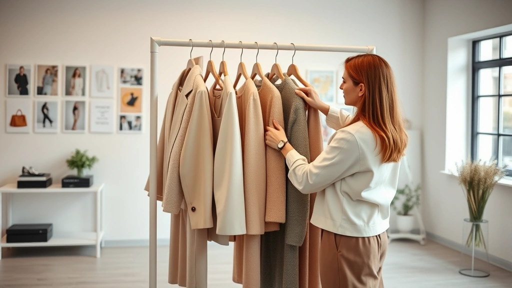 Fashion stylist arranging luxury clothing on sleek white rack in modern studio, featuring designer pieces in neutral tones and textures, professional styling workspace with mood boards on wall, natural window lighting, meticulous attention to detail