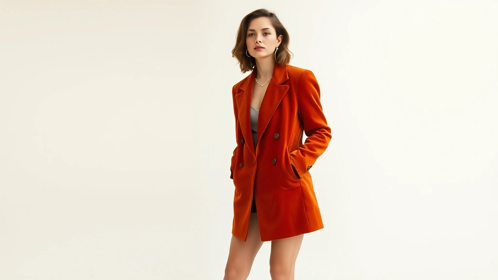 Woman wearing 1970s burnt orange velvet blazer with modern black ankle boots and minimal gold jewelry, standing against neutral backdrop, natural lighting, sophisticated vintage styling