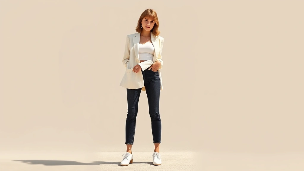 A woman wearing a perfectly tailored 1950s vintage cream-colored wool blazer with structured shoulders, paired with high-waisted modern dark denim jeans and contemporary white leather sneakers, standing confidently in natural sunlight with her hand in her pocket