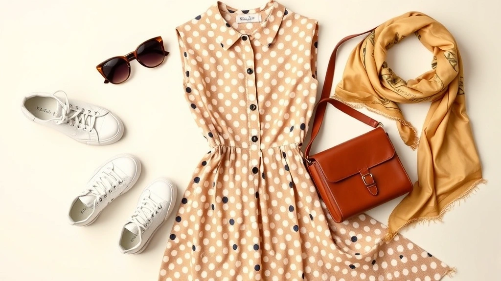 Flat lay arrangement of vintage fashion items: 1950s polka dot dress, modern white sneakers, contemporary leather crossbody bag, oversized sunglasses, silk scarf, neutral background
