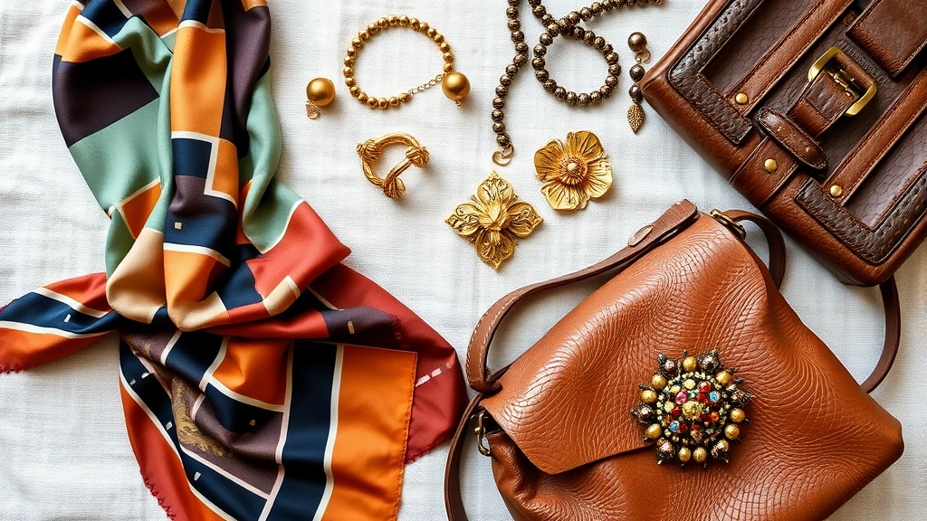 Flatlay of vintage fashion accessories including a silk scarf with geometric 1970s patterns, vintage gold jewelry pieces, a structured leather handbag with patina, and a beaded vintage brooch artfully arranged on neutral linen fabric