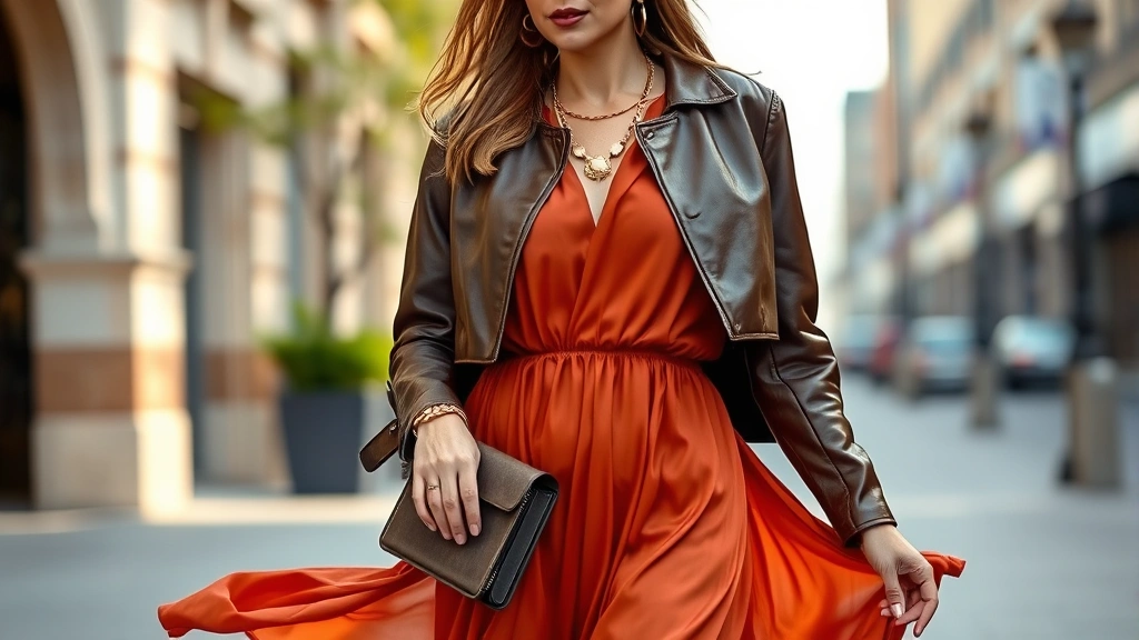 A stylish woman in a flowing 1970s vintage rust-colored silk dress layered with a contemporary cropped leather jacket, wearing modern gold jewelry and holding a small vintage clutch, photographed in an urban setting with natural lighting