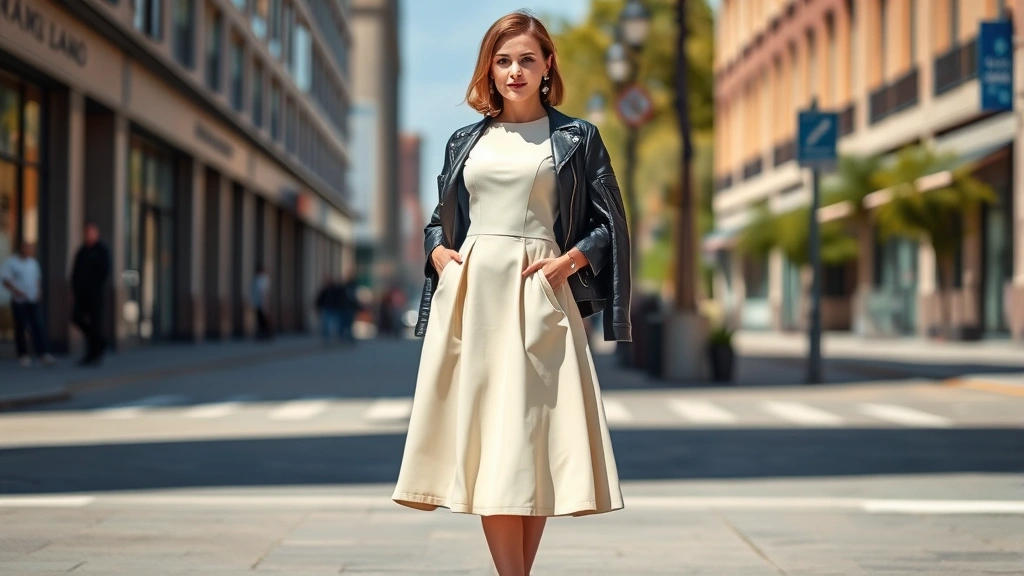 Woman wearing 1950s cream-colored dress with fitted waist and full skirt, paired with modern white sneakers and contemporary leather jacket, standing in sunlit urban setting with confident relaxed posture
