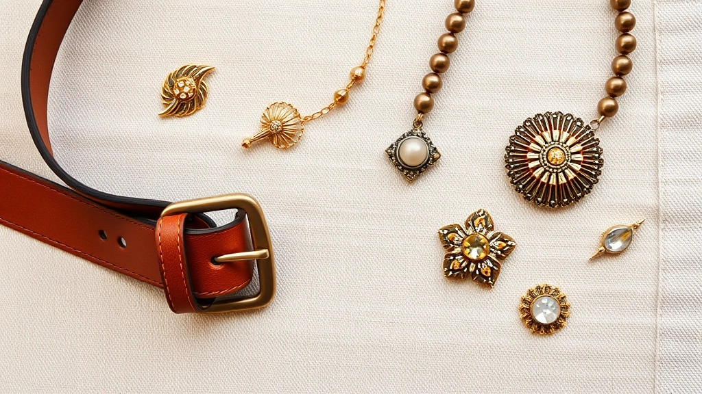 Flat lay of vintage fashion accessories including 1970s leather belt, delicate gold 1950s necklace, vintage brooch, and modern contemporary jewelry arranged on neutral linen fabric background