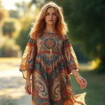 Woman wearing 1970s flowy boho dress with modern white sneakers and contemporary gold jewelry, standing in natural sunlight, soft focus background with vintage aesthetic