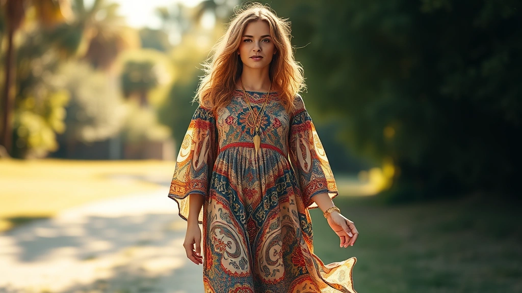 Woman wearing 1970s flowy boho dress with modern white sneakers and contemporary gold jewelry, standing in natural sunlight, soft focus background with vintage aesthetic