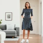 Elegant woman wearing tailored 1950s-inspired polka dot dress with contemporary white sneakers, standing in modern apartment with natural lighting, confident pose, professional styling