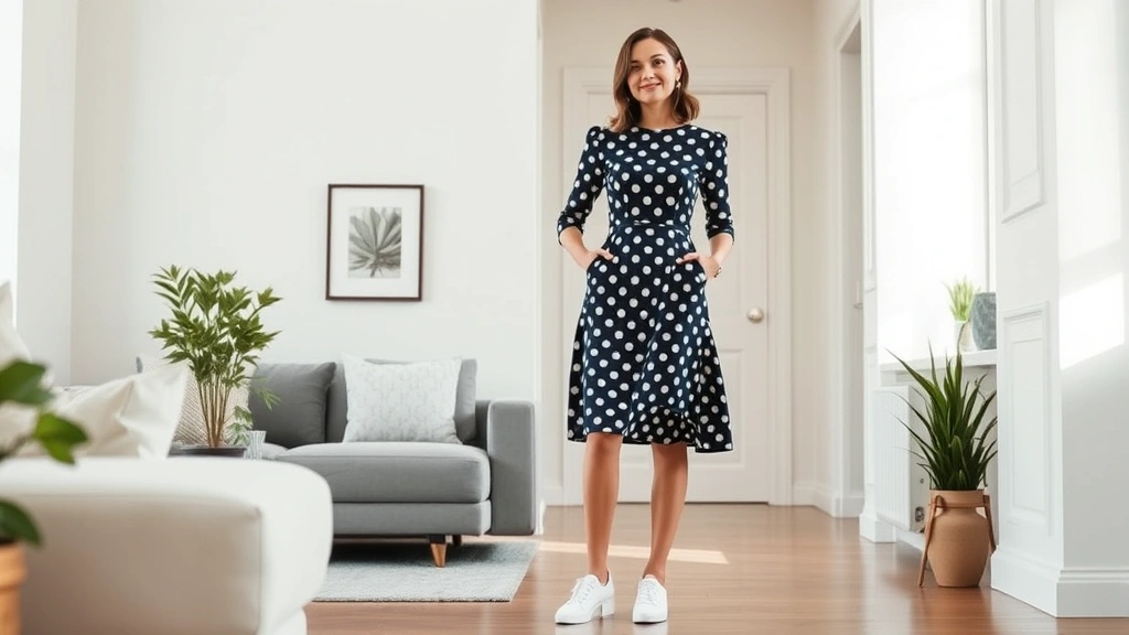 Elegant woman wearing tailored 1950s-inspired polka dot dress with contemporary white sneakers, standing in modern apartment with natural lighting, confident pose, professional styling