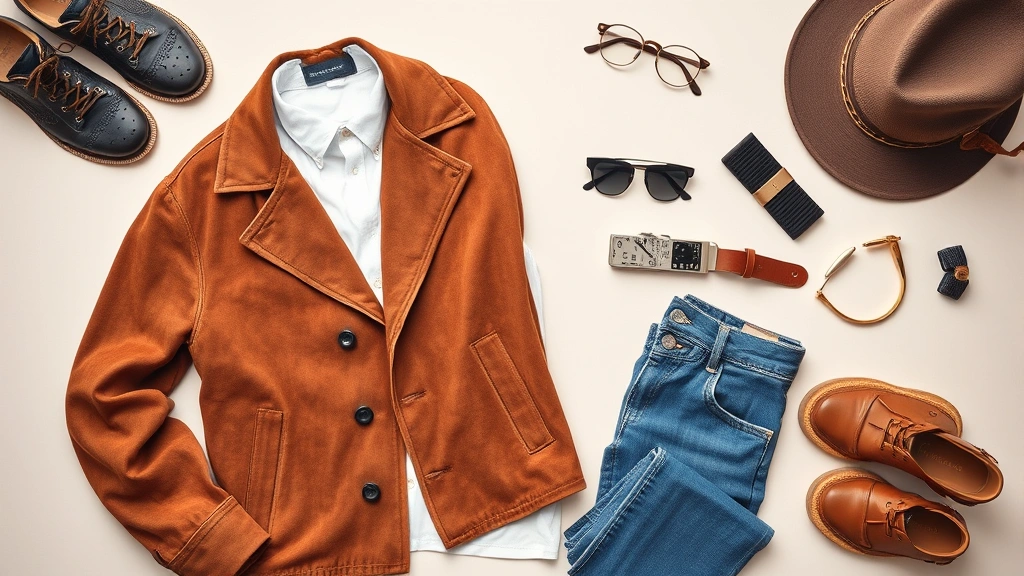 Flat lay of vintage fashion items including 1970s suede jacket, classic white button-up shirt, vintage denim, and modern accessories arranged artfully on light background