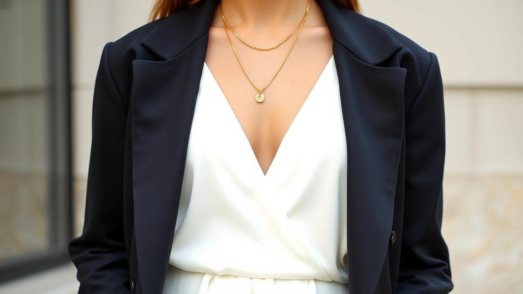 Close-up of woman's outfit combining 90s minimalist slip dress with oversized modern blazer and contemporary gold jewelry, sophisticated styling, natural daylight