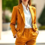 A stylish woman wearing a tailored butterscotch-colored blazer with a crisp white shirt and caramel-toned trousers, standing in bright natural light with confident posture, epitomizing sophisticated vintage-inspired professional fashion