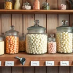 Pastel-colored glass candy jars arranged on weathered wooden shelves with soft natural lighting, vintage metal scoops, and hand-written price cards, photorealistic candy store display