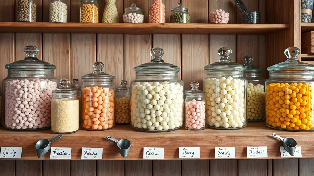 Pastel-colored glass candy jars arranged on weathered wooden shelves with soft natural lighting, vintage metal scoops, and hand-written price cards, photorealistic candy store display