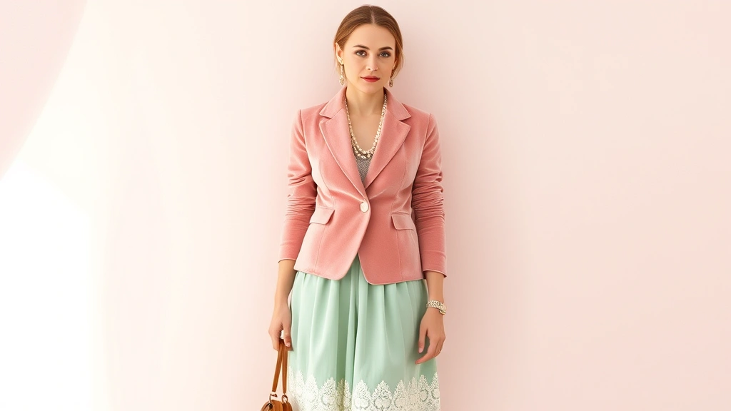 Fashion outfit featuring blush pink velvet blazer, mint green vintage-inspired skirt, delicate lace accessories, standing in front of soft pastel wall, styling vintage candy aesthetics