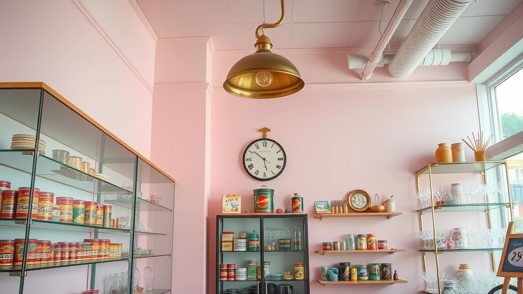 Interior design space with soft pink walls, vintage glass display cases, antique brass fixtures, retro pendant lighting, shelves with colorful vintage candy tins and glassware, nostalgic ambiance