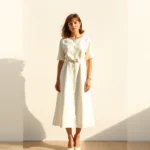 A woman wearing a perfectly tailored 1960s A-line dress in cream linen, styled with modern pointed-toe white leather heels and minimal gold jewelry, standing in natural sunlight with soft shadows highlighting the dress's clean lines and vintage silhouette