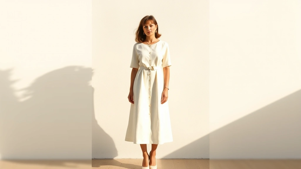 A woman wearing a perfectly tailored 1960s A-line dress in cream linen, styled with modern pointed-toe white leather heels and minimal gold jewelry, standing in natural sunlight with soft shadows highlighting the dress's clean lines and vintage silhouette