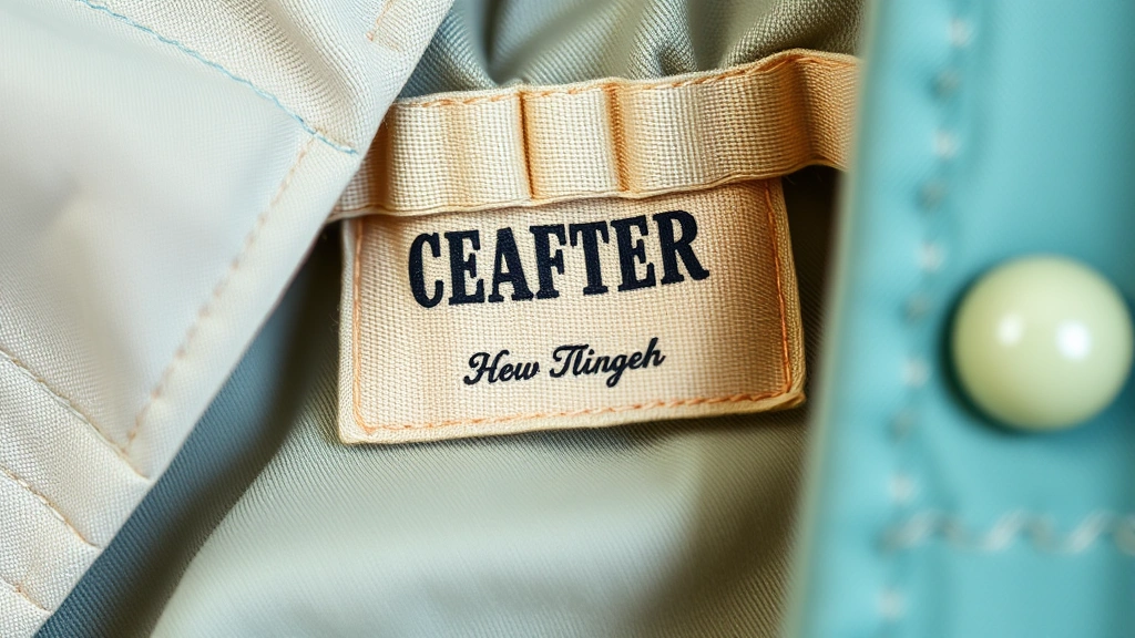 Close-up detail shot of vintage garment labels and construction, showing hand-stitched seams, silk thread, and authentic designer label with period-appropriate typography, displaying craftsmanship quality