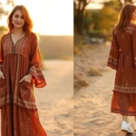 Woman wearing 1970s bohemian vintage dress with long flowing fabric, bell sleeves, earth-tone colors, styled with modern minimalist jewelry and contemporary white sneakers, natural outdoor lighting, confident relaxed pose, warm golden hour setting
