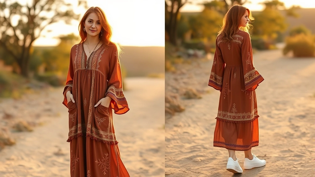 Woman wearing 1970s bohemian vintage dress with long flowing fabric, bell sleeves, earth-tone colors, styled with modern minimalist jewelry and contemporary white sneakers, natural outdoor lighting, confident relaxed pose, warm golden hour setting