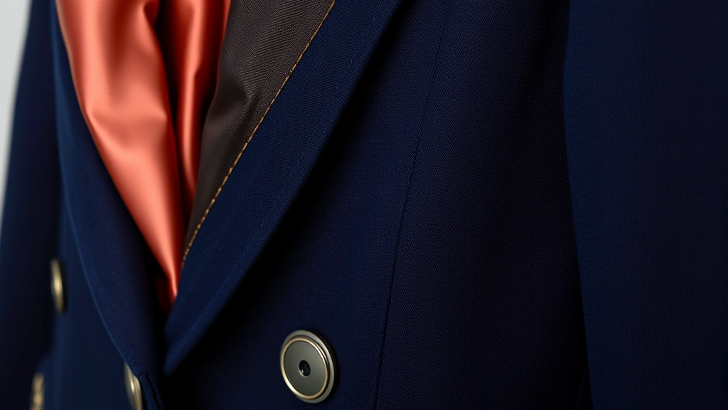 Close-up detail shot of high-quality vintage tailoring showing hand-stitched seams, reinforced hems, silk lining, and original label on 1950s structured blazer in jewel tone, professional studio lighting highlighting craftsmanship