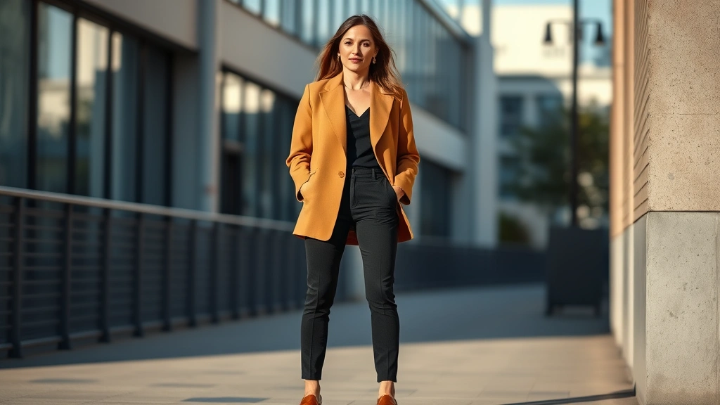 Stylish woman in mixed-era outfit featuring 1980s structured vintage blazer in camel, paired with modern slim black trousers, contemporary leather loafers, minimal gold accessories, standing in urban setting with natural daylight, effortless polished aesthetic