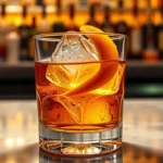 Crystal rocks glass filled with amber whiskey and large ice cube, garnished with orange twist on marble countertop, warm lighting highlighting clarity and refraction patterns, professional bar setting