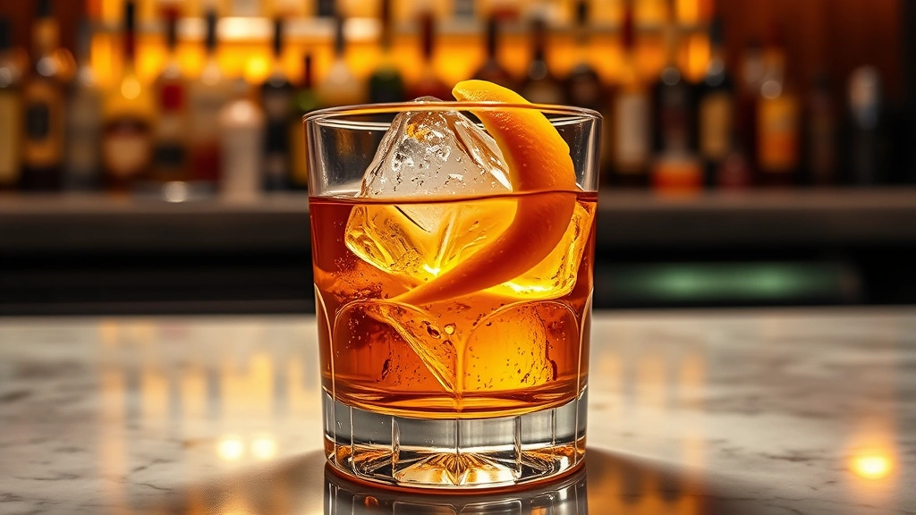 Crystal rocks glass filled with amber whiskey and large ice cube, garnished with orange twist on marble countertop, warm lighting highlighting clarity and refraction patterns, professional bar setting