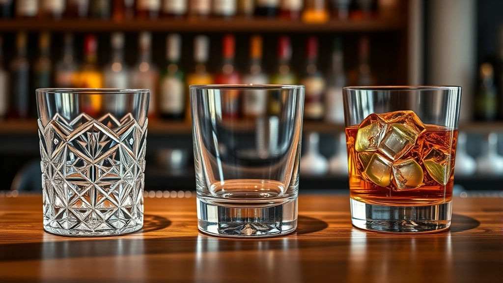 Comparison display of three different old fashioned glasses: cut crystal vintage style, modern minimalist clear glass, and contemporary colored glass, arranged on wooden bar surface with soft ambient lighting