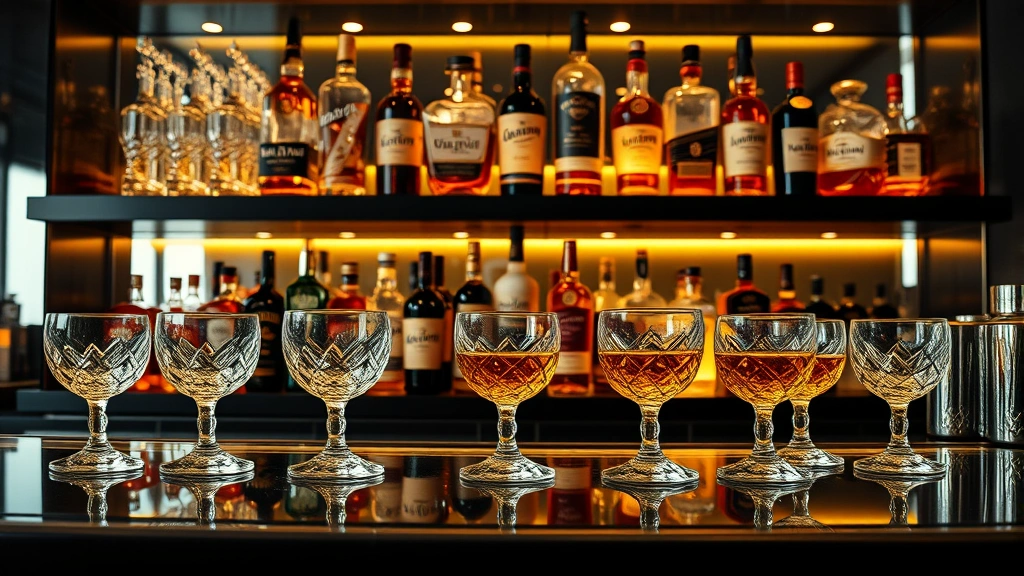 Elegant home bar scene featuring premium rocks glasses arranged on floating shelves, whiskey bottles behind, warm vintage-inspired lighting creating shadows and highlights on crystal surfaces, sophisticated entertaining space