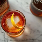 Overhead view of an amber Old Fashioned cocktail with large ice cube, fresh lemon twist garnish, and dark aged rum bottle beside an elegant rocks glass on marble countertop