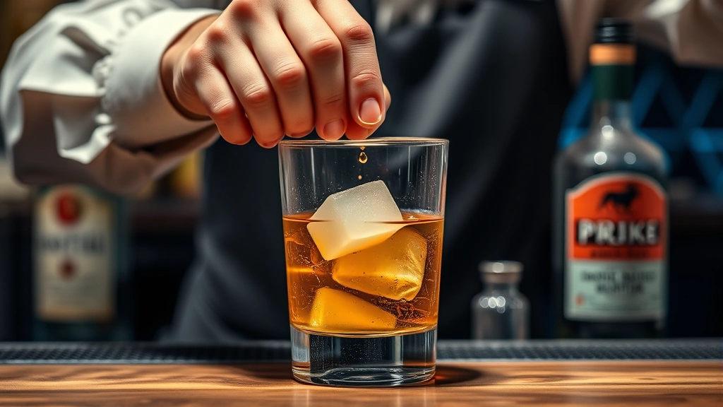 Close-up of bartender's hands expertly muddling sugar cube with aromatic bitters in mixing glass, showing proper technique and professional bar setup with bottles in background