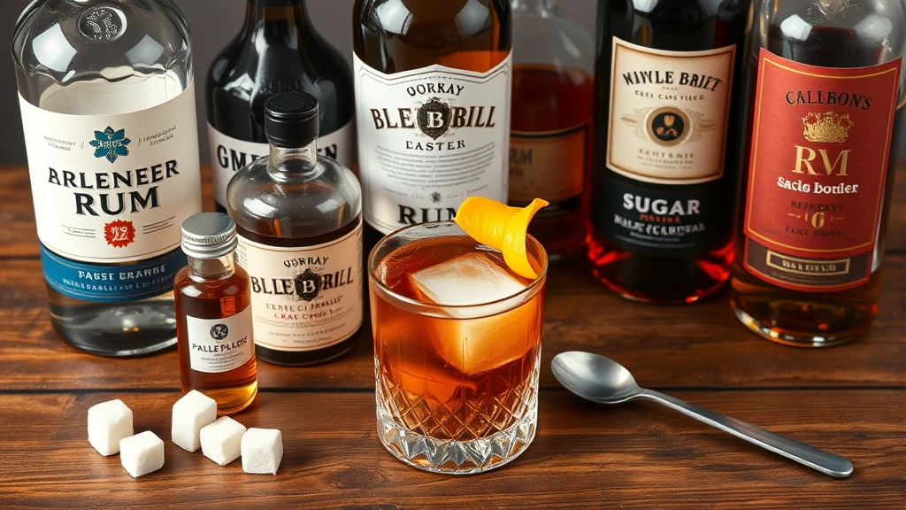 Beautifully styled flat lay featuring different rum bottles, sugar cubes, bitters bottle, citrus peeler, bar spoon, and finished rum Old Fashioned cocktail on wooden surface