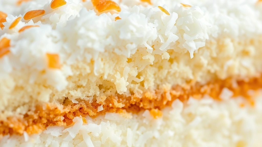 Close-up of fluffy coconut cake layer with golden crumb texture, fresh shredded coconut visible, professional bakery styling, natural lighting