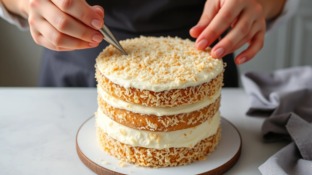 Hands applying toasted coconut coating to frosted three-layer cake, elegant decorative piping visible, artisan baking technique demonstration