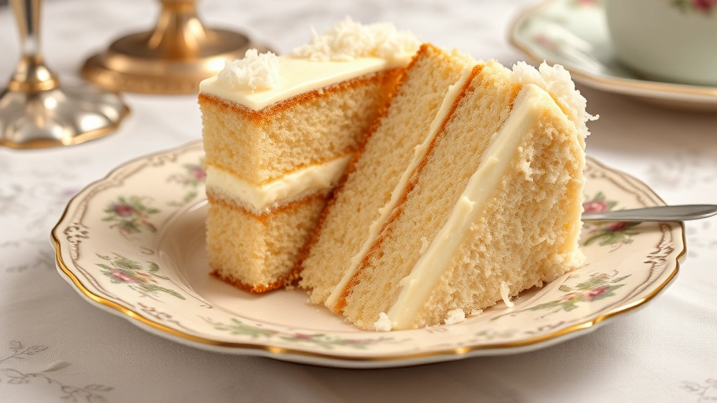 Sliced old fashioned coconut cake on vintage porcelain plate, creamy frosting between layers, fresh coconut garnish, elegant table setting