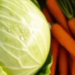 Fresh green cabbage head with water droplets, vibrant orange carrots nearby, bright natural daylight, crisp produce photography, farmer's market aesthetic