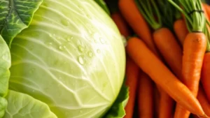 Fresh green cabbage head with water droplets, vibrant orange carrots nearby, bright natural daylight, crisp produce photography, farmer's market aesthetic