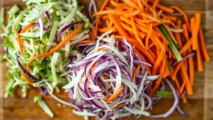Overhead shot of freshly shredded green and red cabbage with julienned carrots on wooden cutting board, professional kitchen lighting, vibrant colors, shallow depth of field