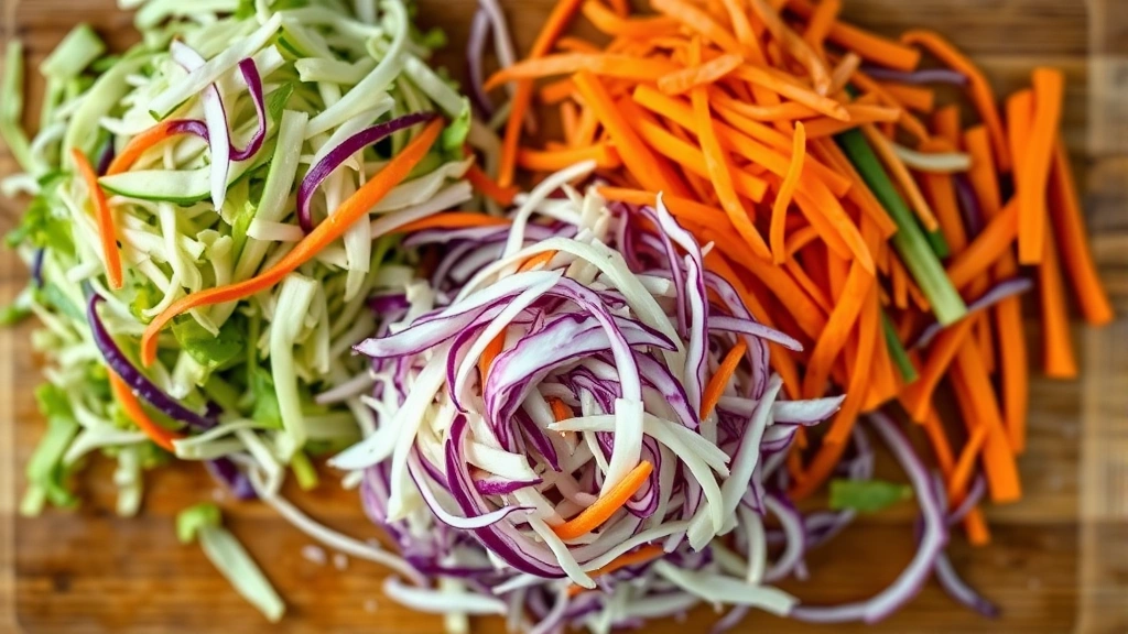 Overhead shot of freshly shredded green and red cabbage with julienned carrots on wooden cutting board, professional kitchen lighting, vibrant colors, shallow depth of field