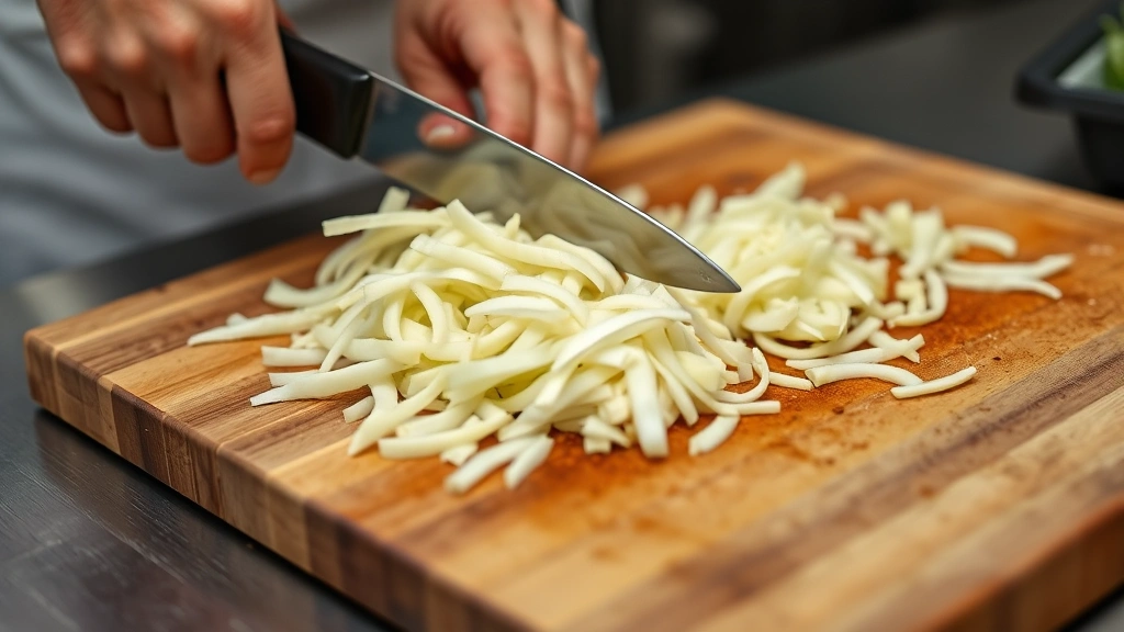 Hands slicing cabbage with sharp knife on wooden cutting board, thin uniform strips, professional kitchen setting, motion captured, ingredient preparation detail