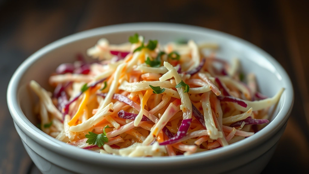Close-up of crispy coleslaw in a white ceramic bowl with vinegar dressing glistening, fresh herbs garnish, dark blurred background, natural lighting from above