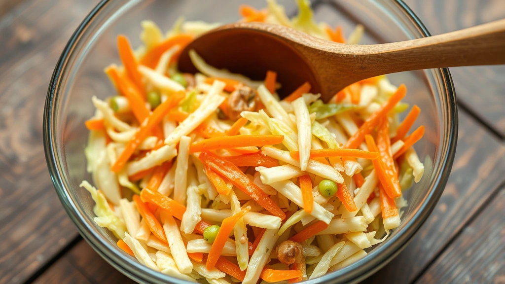 Glass bowl filled with finished coleslaw showing green cabbage and orange carrots mixed together, vinegar dressing glistening, wooden spoon, rustic table setting, appetizing presentation