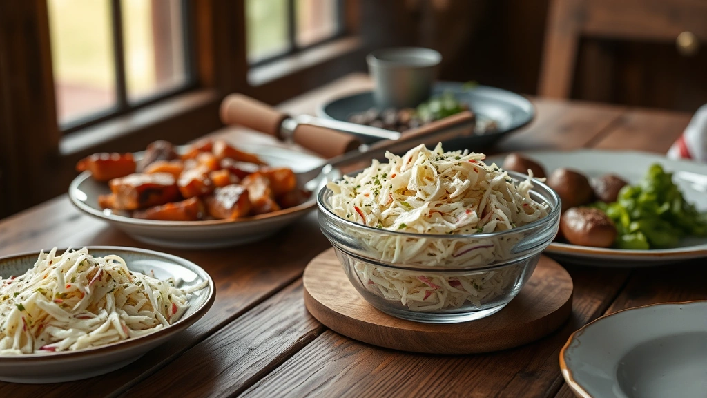 Vintage-style serving of coleslaw on rustic wooden table alongside barbecue plates, soft natural window light, appetizing presentation, summer picnic aesthetic