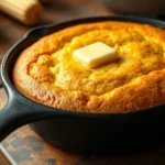 Golden-brown cornbread in cast iron skillet, warm butter melting on top, rustic wooden table background, soft natural lighting, cozy kitchen aesthetic